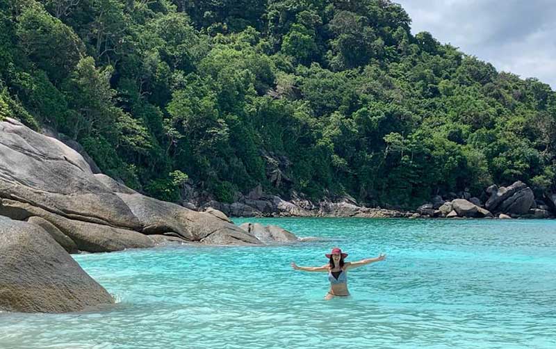 Margi splashing in the crystal blue water on her Thailand Star Clipper cruise