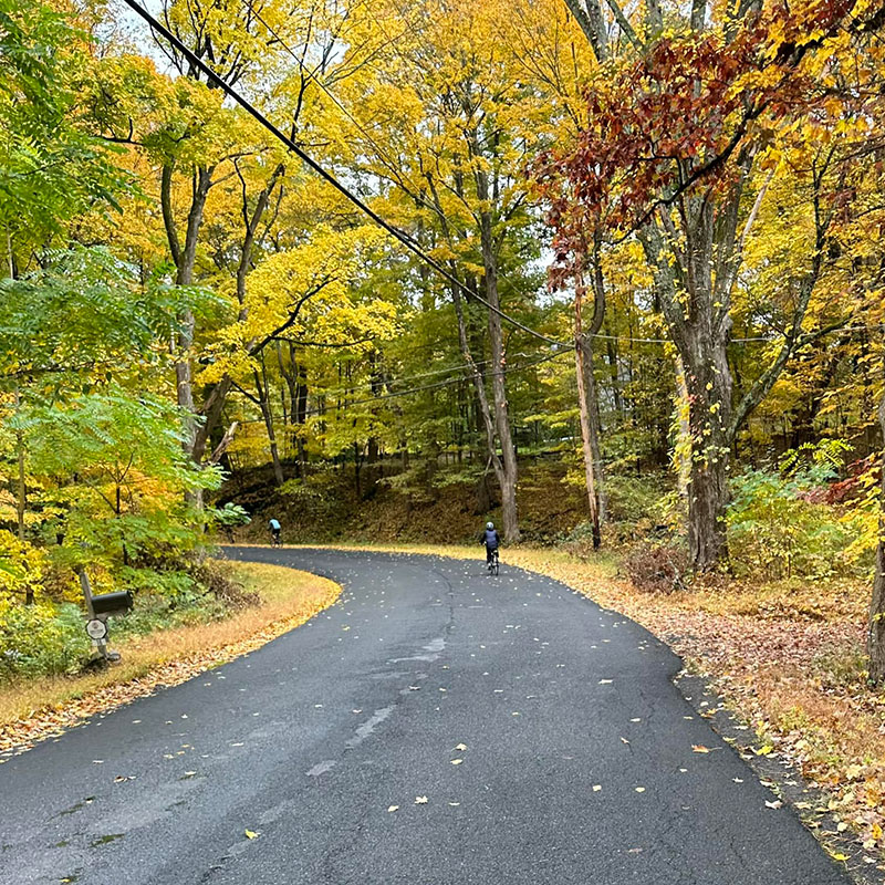 Two cyclists on an winding backroad in the fall.